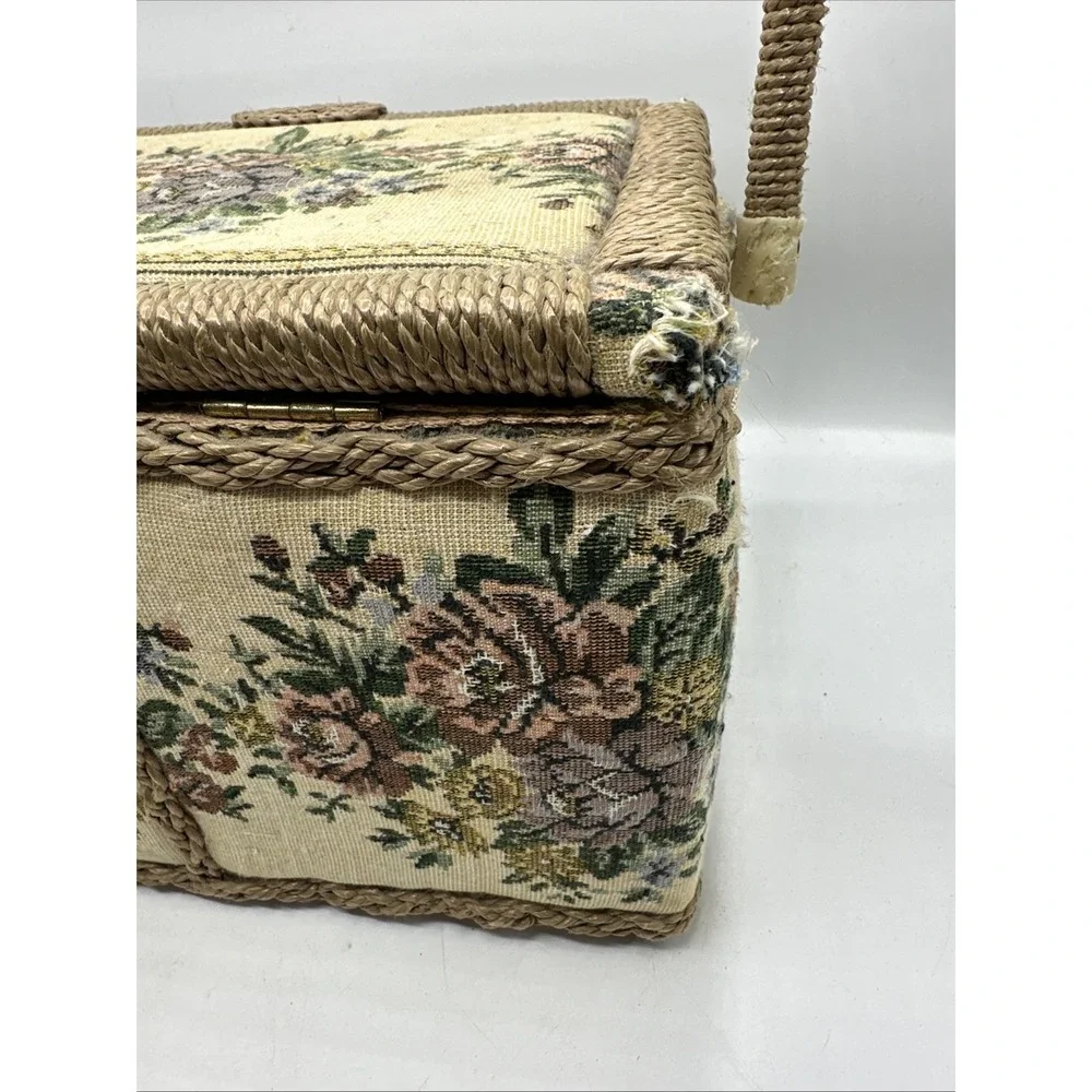 Tapestry Floral Woven  Sewing Basket Box Azar Made In Taiwan  Vintage